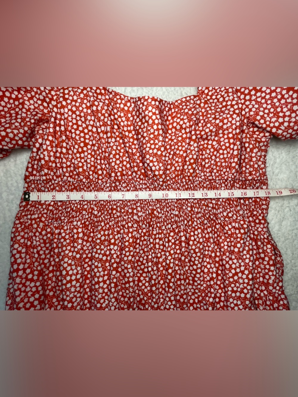 Anthropologie Red Ditsy Midi Dress 1X Plus Sz Floral Smocked Puff Sleeves Pocket - Picture 12 of 15